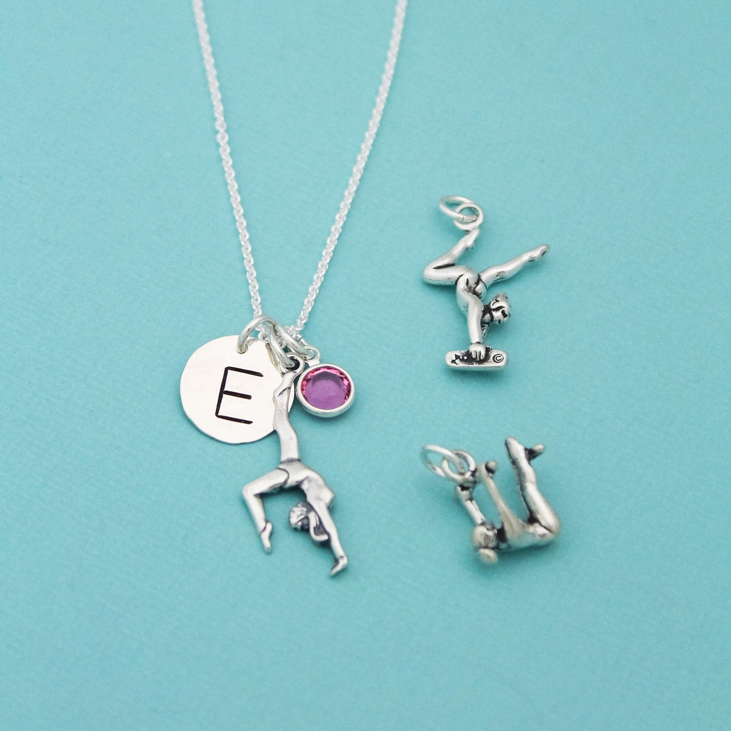 Gymnast Charm Necklace Sterling Silver with Birthstone and Initial Personalized Hand Stamped Necklace-