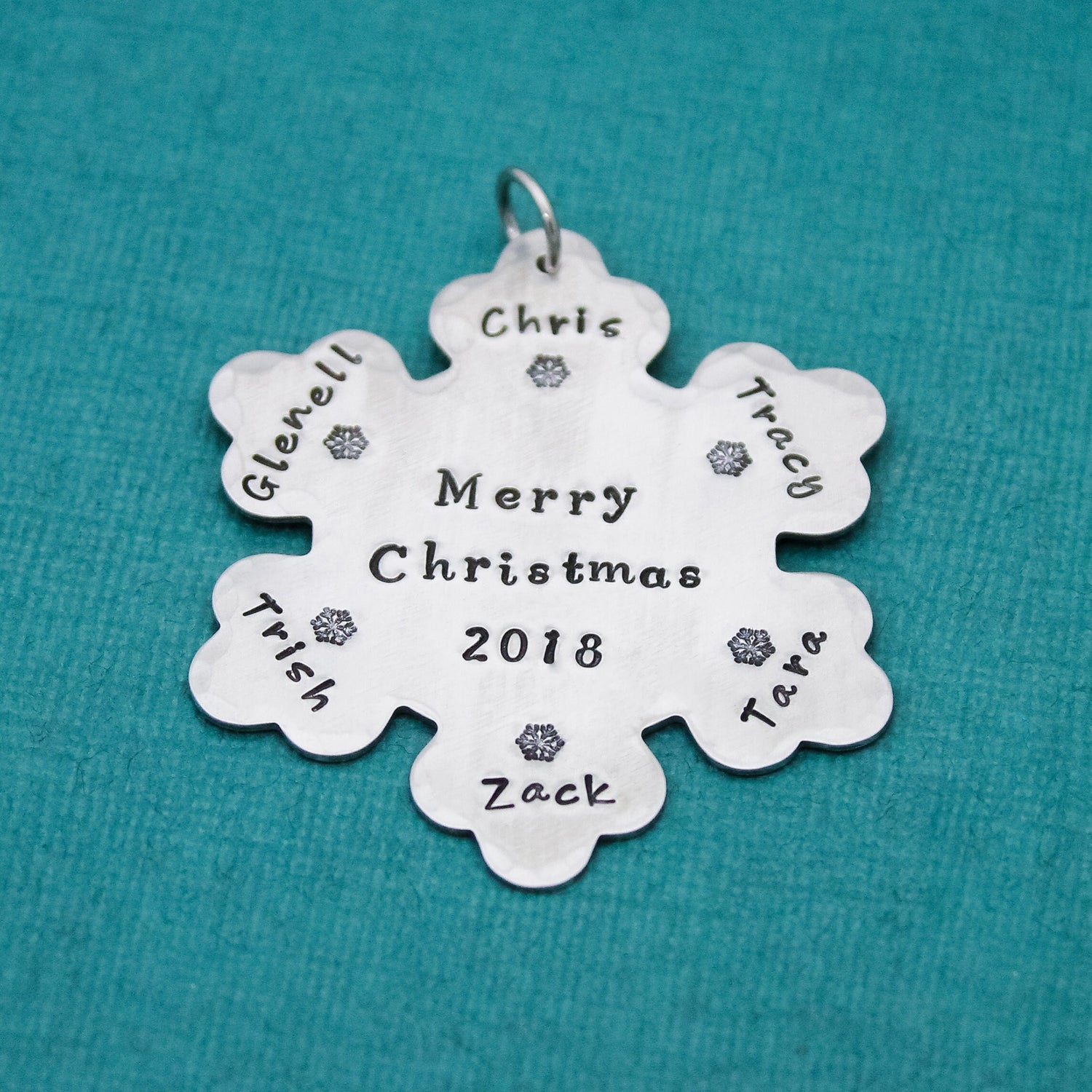 Snowflake Christmas Ornament, Personalized Family Christmas Ornament, Custom Ornament, Merry Christmas Ornament, Hand Stamped in Aluminum