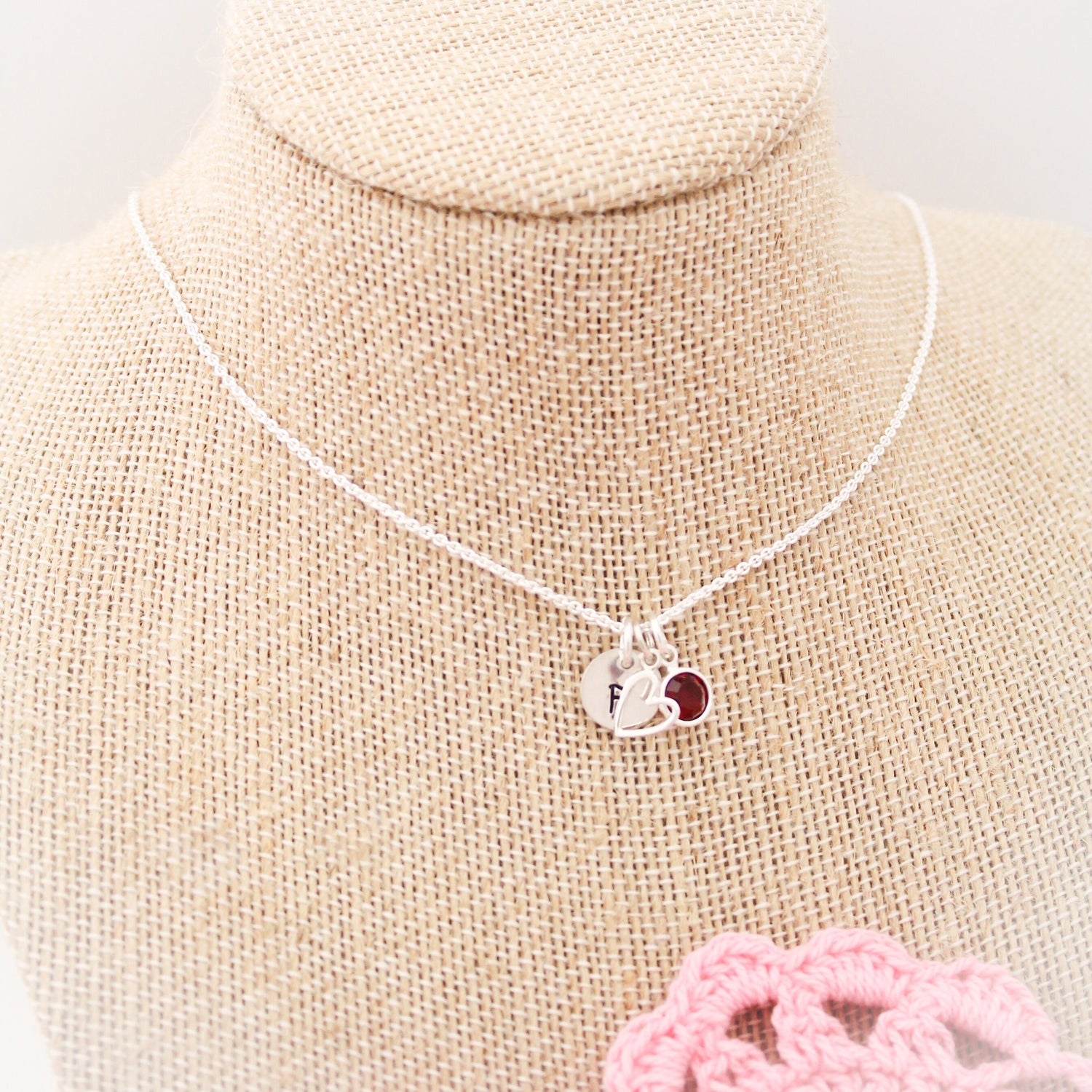 Tiny Initial and Heart Necklace in Sterling Silver Hand Stamped Personalized Jewelry