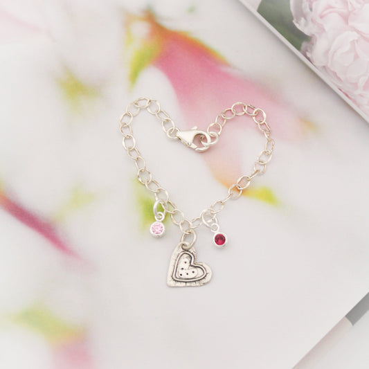 Heart Charm Bracelet with Birthstones, Personalized Charm Bracelet, Valentine's Gift, Sterling Silver Heart Bracelet, Birthstone Bracelet