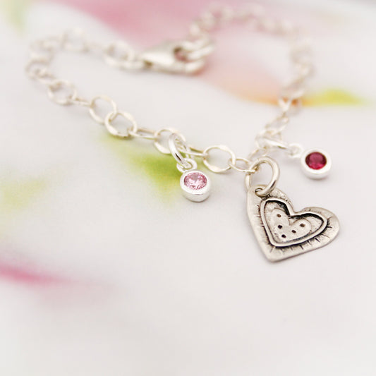 Heart Charm Bracelet with Birthstones, Personalized Charm Bracelet, Valentine's Gift, Sterling Silver Heart Bracelet, Birthstone Bracelet