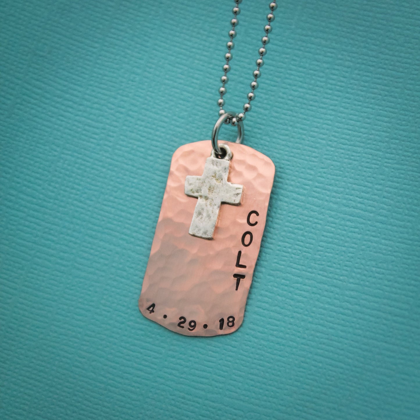 Boys Cross Necklace, Boys Confirmation or First Communion Gift, Copper Dog Tag Cross Necklace for Boys,  Hand Stamped and Personalized