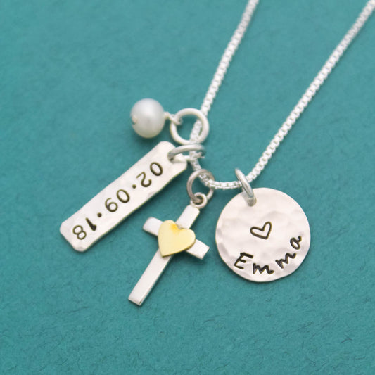 Personalized Cross Charm Necklace in Silver & Bronze, Confirmation Cross Necklace, First Communion Cross Necklace, Hand Stamped Jewelry
