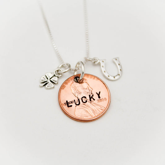 Lucky Penny Necklace, Choose Your Penny Year, Personalized, Sterling Silver Necklace with Initial and Birthstone,  Hand Stamped Jewelry
