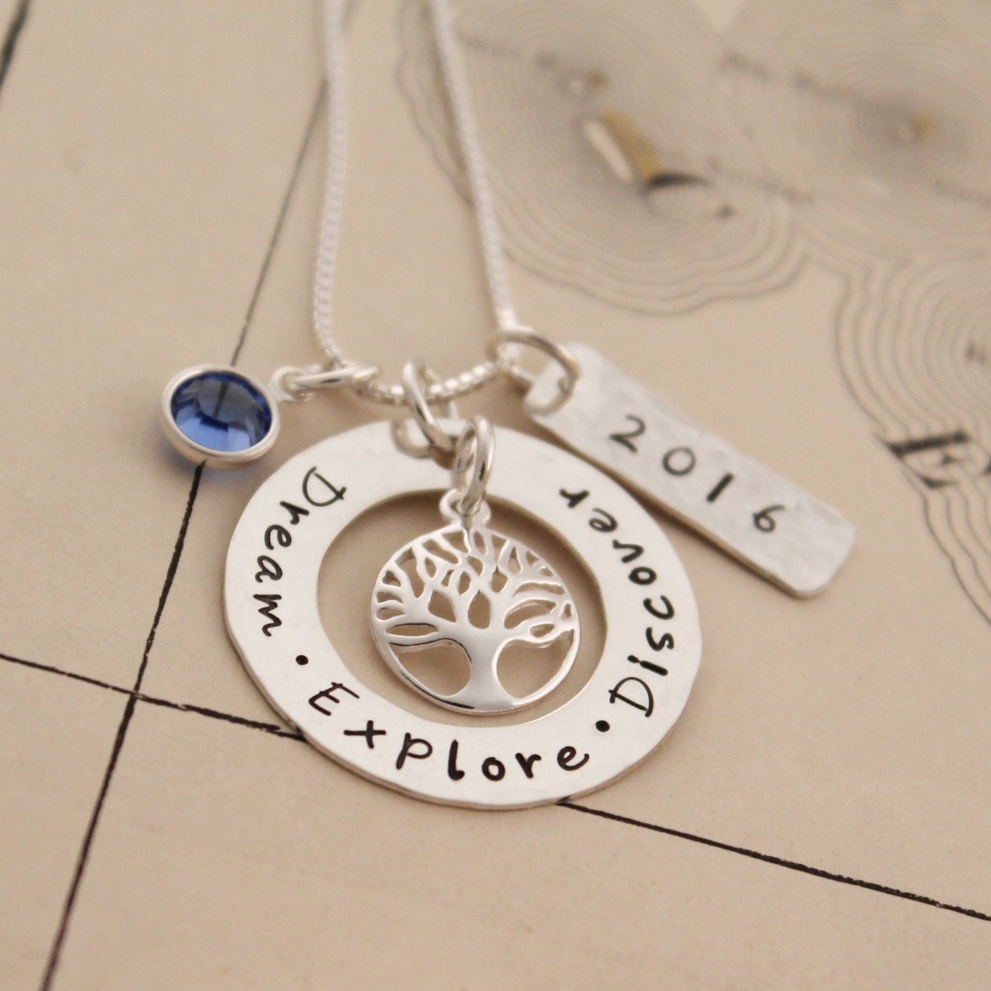 Dream Explore Discover Necklace, Personalized Graduation Jewelry, Graduation Gift, Hand Stamped Necklace, Personalized Jewelry, Tree Jewelry