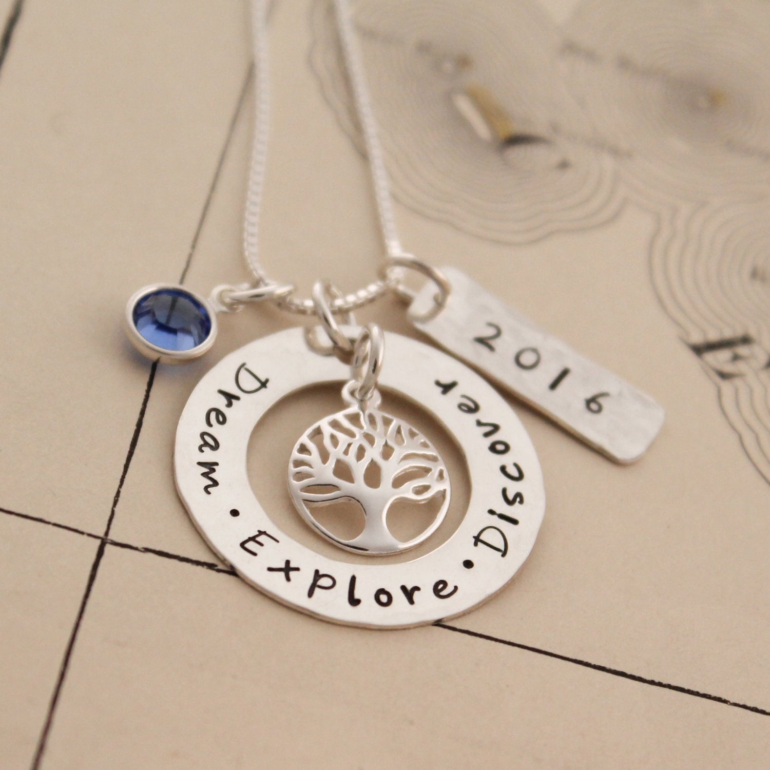 Dream Explore Discover Necklace, Personalized Graduation Jewelry, Graduation Gift, Hand Stamped Necklace, Personalized Jewelry, Tree Jewelry