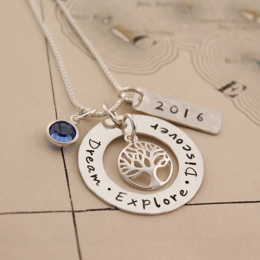 Dream Explore Discover Necklace, Personalized Graduation Jewelry, Graduation Gift, Hand Stamped Necklace, Personalized Jewelry, Tree Jewelry