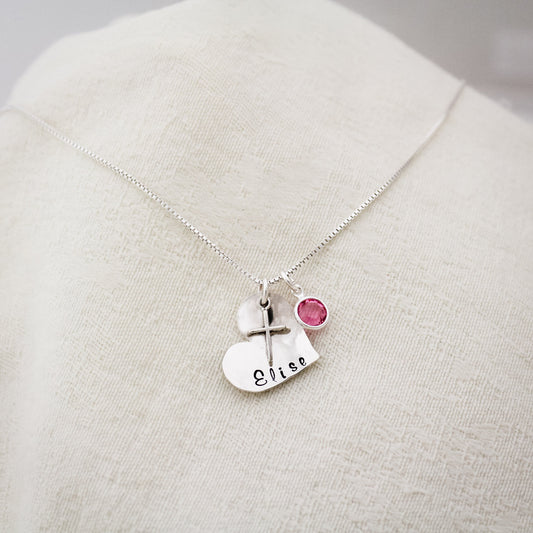 Heart Confirmation Cross Necklace with Birthstone, Hand Stamped Personalized Sterling Silver Confirmation Jewelry, Custom Cross Necklace