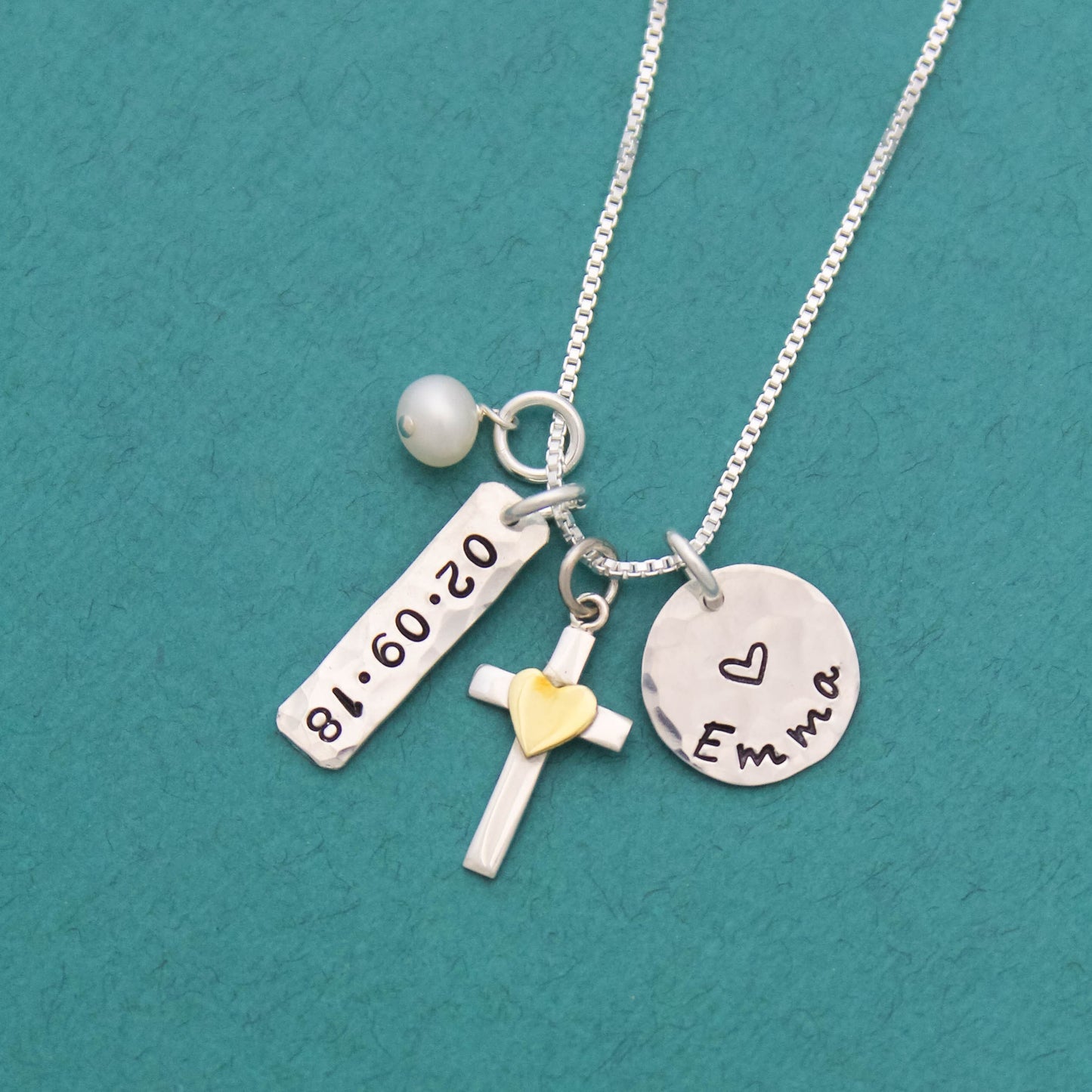 Personalized Cross Charm Necklace in Silver & Bronze, Confirmation Cross Necklace, First Communion Cross Necklace, Hand Stamped Jewelry