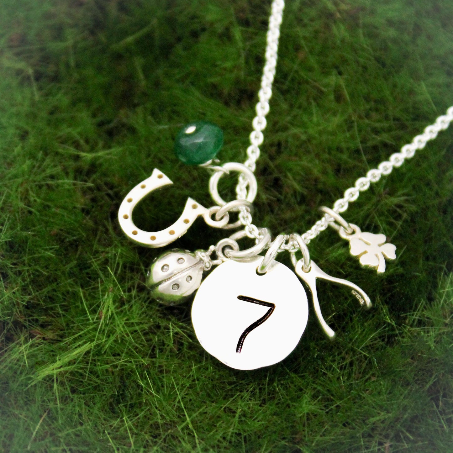 Lucky Charm Necklace, Lucky 7 Horseshoe 4 Leaf Clover Wishbone Charm Necklace, Sterling Silver Lucky Charm Necklace, Hand Stamped Jewelry