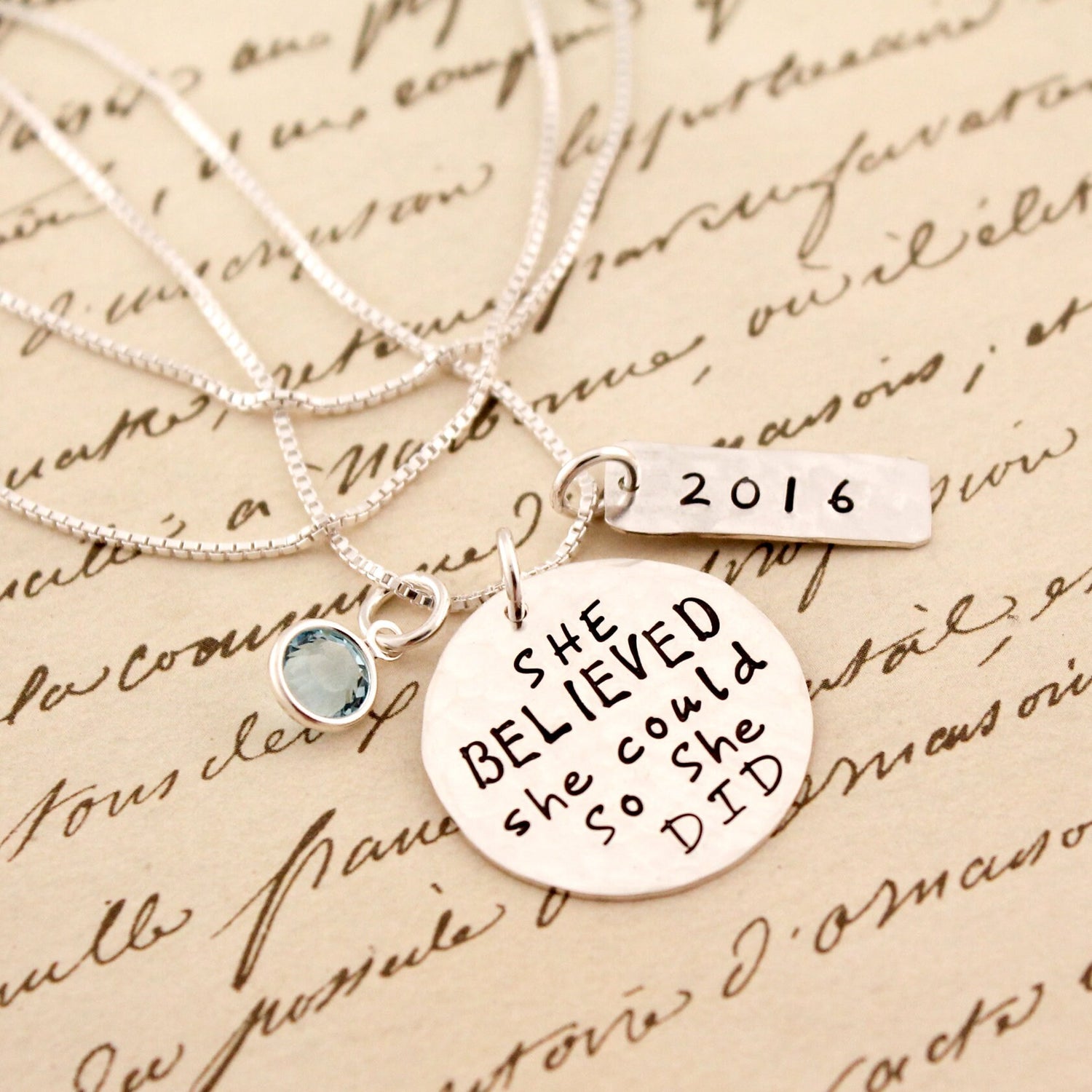 She Believed She Could So She Did Necklace in Sterling Silver with Year, Inspirational Graduation Necklace, Hand Stamped Grad Personalized