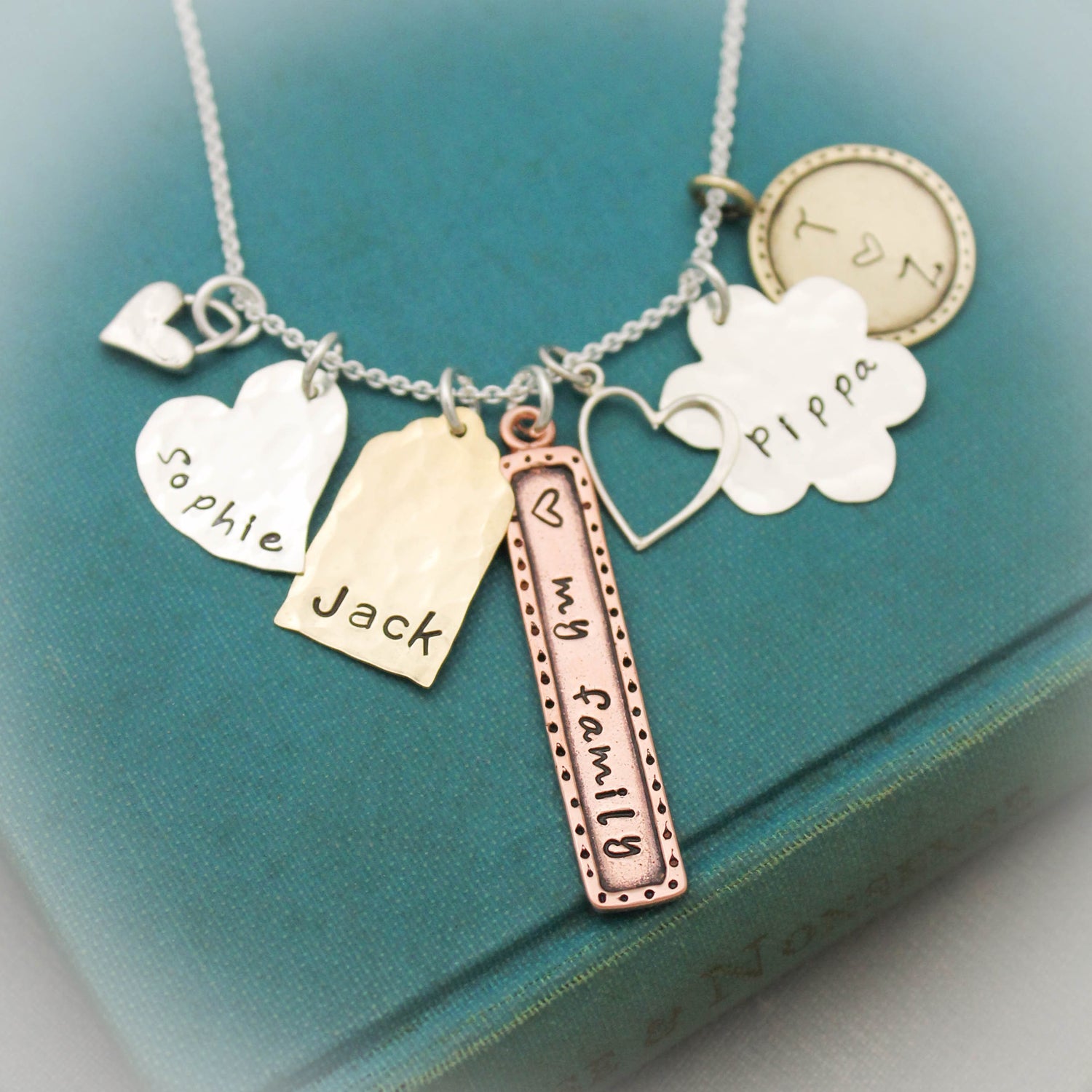 Personalized Charm Necklace, Mommy Necklace, Family Jewelry, Hand Stamped Jewelry, Mixed Metals Necklace, Mother's Day Gifts, Gifts for Her