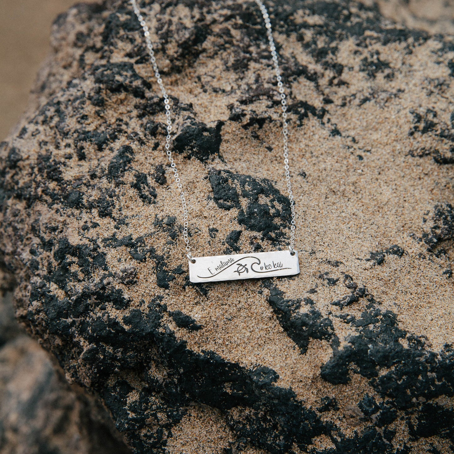 Hawaiian Wave Necklace, Hawaii Turtle Necklace, E Malama O Ke Kai Necklace, Save our Oceans Necklace, Sterling Silver Beach Bar Necklace