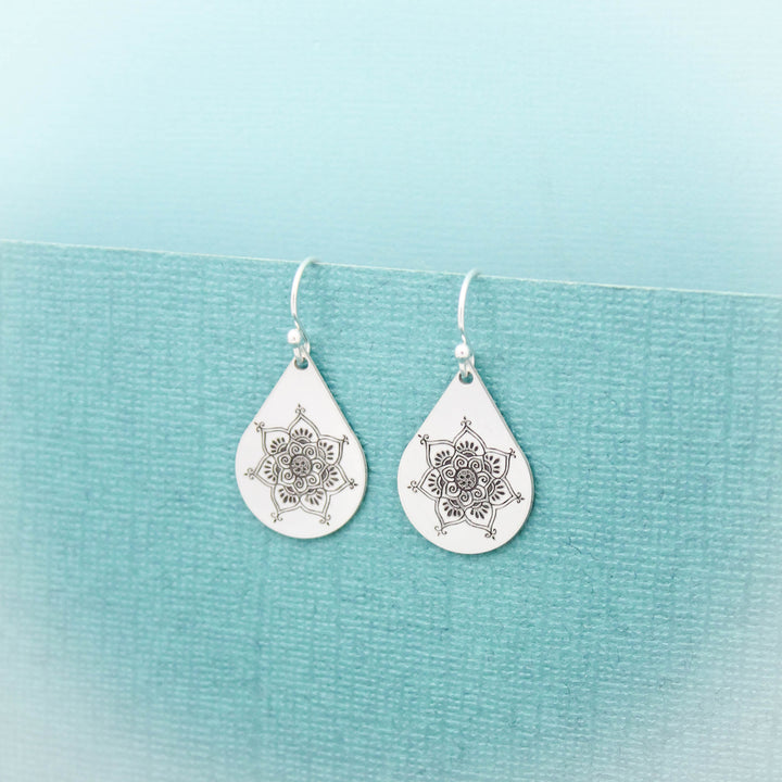 Mandala Teardrop Earrings #2 in Sterling Silver, Mandala Flower Earrings, Yoga Boho Jewelry, Gifts for Her, Mandala Jewelry, Gypsy Earrings