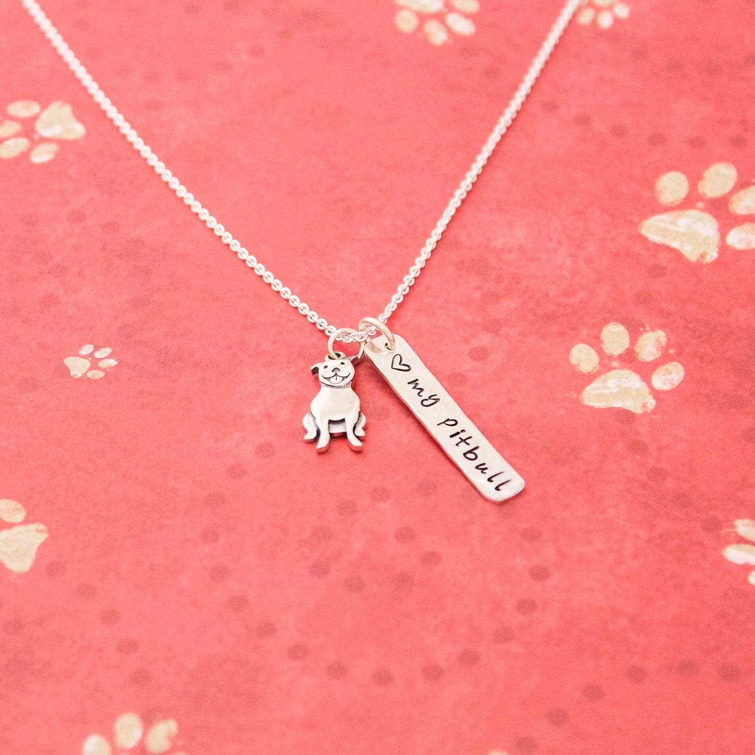 LOVE my PITBULL Necklace, Sterling Silver Pitbull Dog Necklace, Pitbull Lover Gift, New Pet Gift, Pitbull Jewelry, Hand Stamped Pitbull Gift