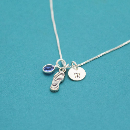 Runner Charm Necklace Sterling Silver with Birthstone and Initial Marathon Jewelry Personalized Hand Stamped Necklace