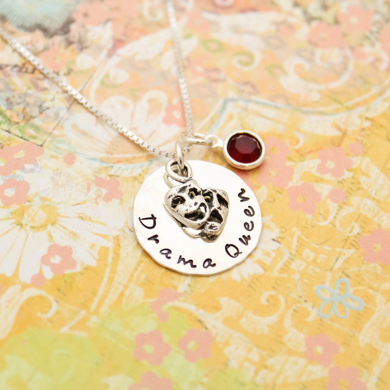 Drama Queen with Birthstone Choice Personalized Hand Stamped Necklace