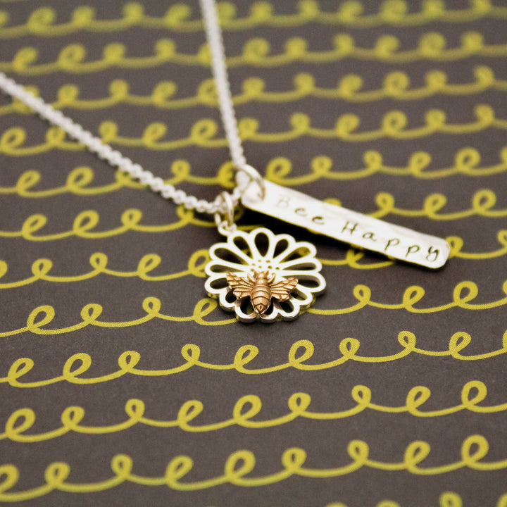BEE HAPPY Sterling Silver Flower Bee Necklace, Personalized Charm Necklace, Hand Stamped Jewelry, Bee Charm Necklace, Gift for Her Honey Bee