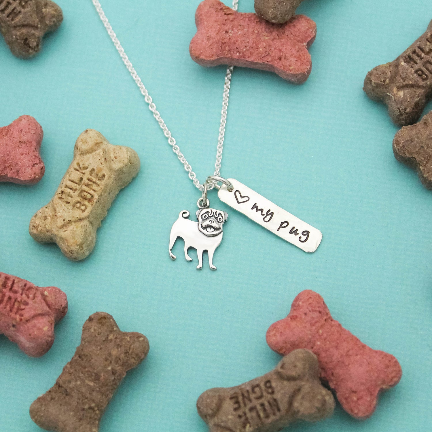 LOVE my PUG Necklace, Sterling Silver Dog Necklace, Pug Lover Gift, New Pet Gift, Dog Pug Jewelry, Pug Necklace, Hand Stamped, Pug Charm
