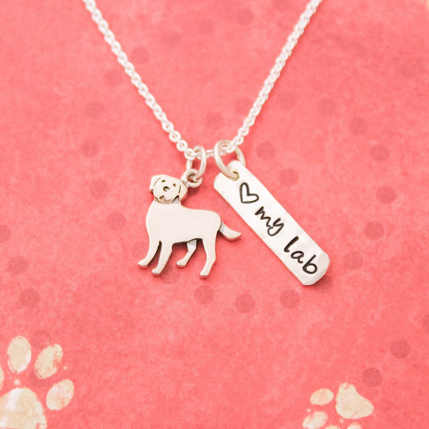 LOVE my LAB Necklace, Sterling Silver Labrador Dog Necklace, Lab Lover Gift, New Pet Gift, Labrador Retriever Jewelry, Hand Stamped Lab Gift