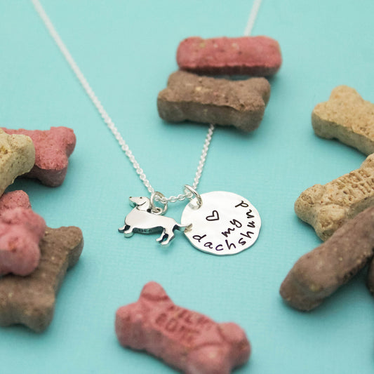 LOVE my DACHSHUND Necklace, Sterling Silver Dog Necklace, Dachshund Lover Gift, New Pet Gift, Dachshund Dog Jewelry, Cute Dachshund Necklace