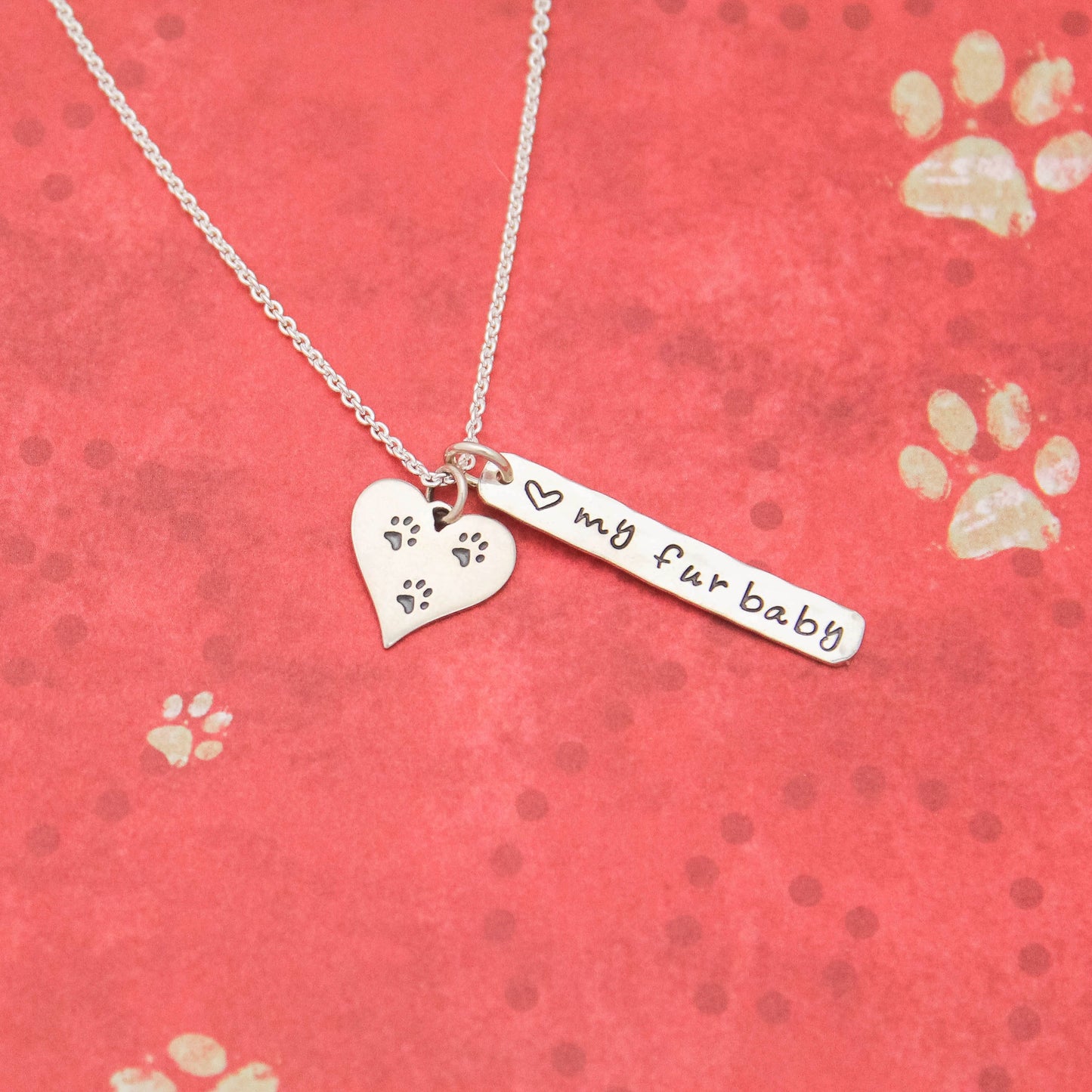 LOVE my Furbaby Necklace, Sterling Silver Dog Necklace, Cute Dog Lover Gift, New Pet Gift, Dog Paw Jewelry, Paw Print Necklace, Hand Stamped