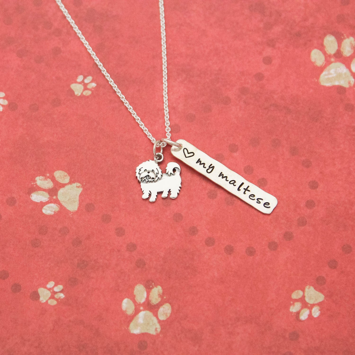 LOVE my MALTESE Necklace, Sterling Silver Dog Necklace, Maltese Lover Gift, New Pet Gift, Dog Maltese Jewelry, Maltese Necklace, Hand Stamp