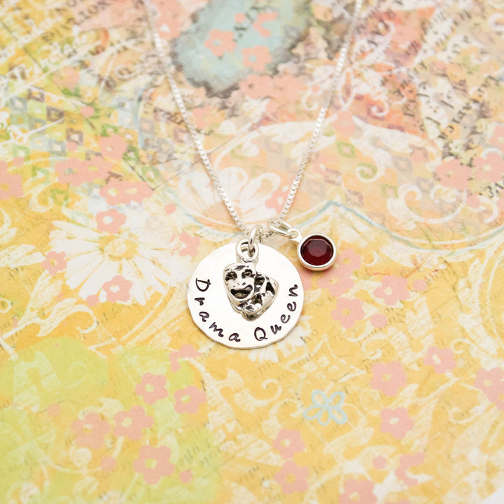 Drama Queen with Birthstone Choice Personalized Hand Stamped Necklace