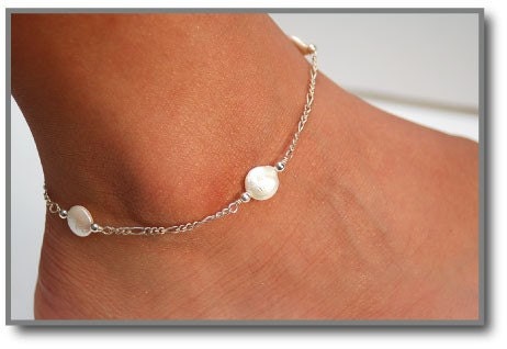 Delicate and Classic Sterling Silver Anklet with Freshwater White Coin Pearls