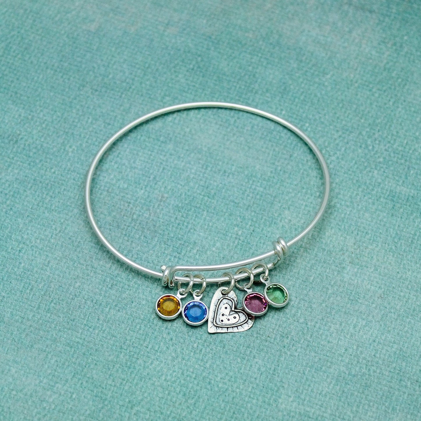 Cute Heart Sterling Silver Bangle, Silver Heart with Birthstones Bracelet, Mother's Birthstone Bangle, Grandmother Bracelet, Mom's Day Gift