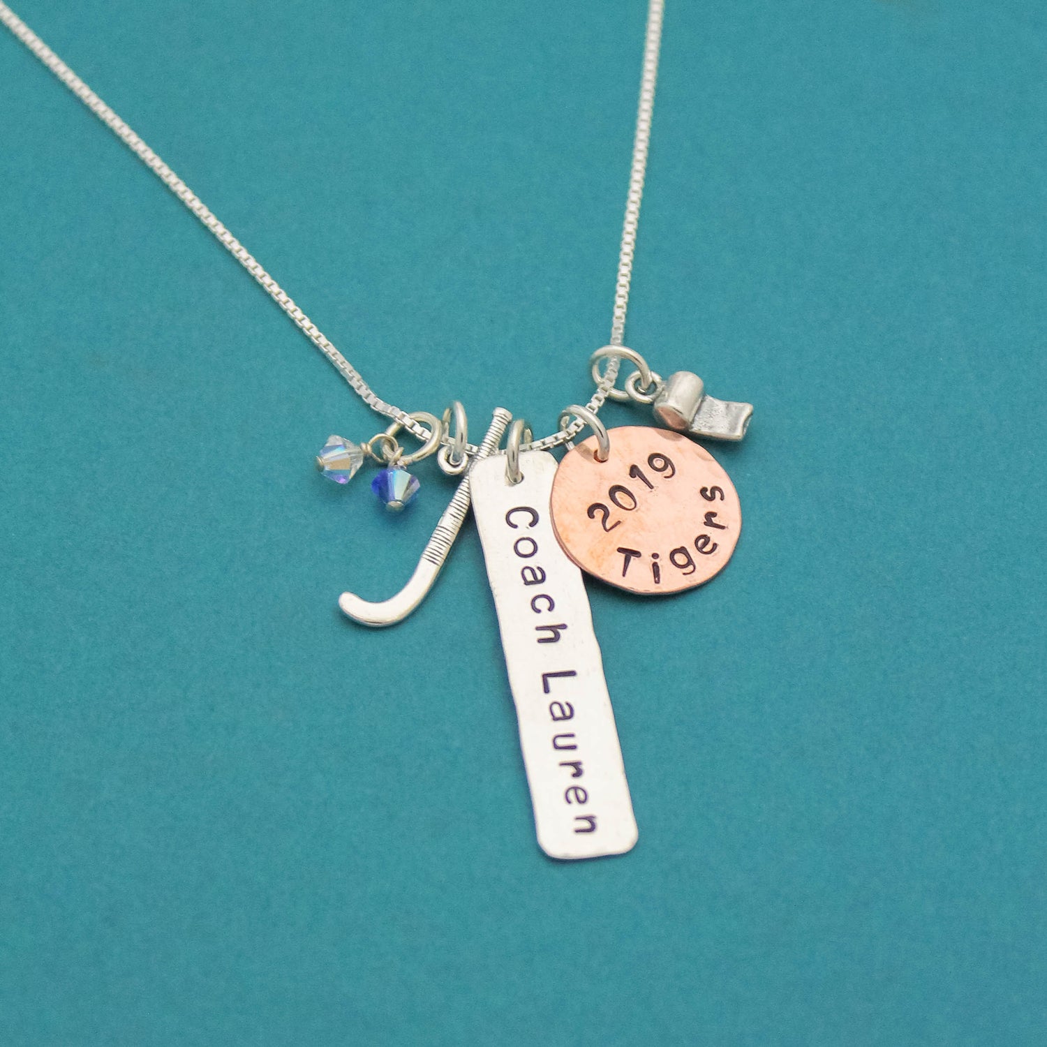 Coach Necklace Choice of Sport Sterling Silver and Copper Customized Hand Stamped Jewelry