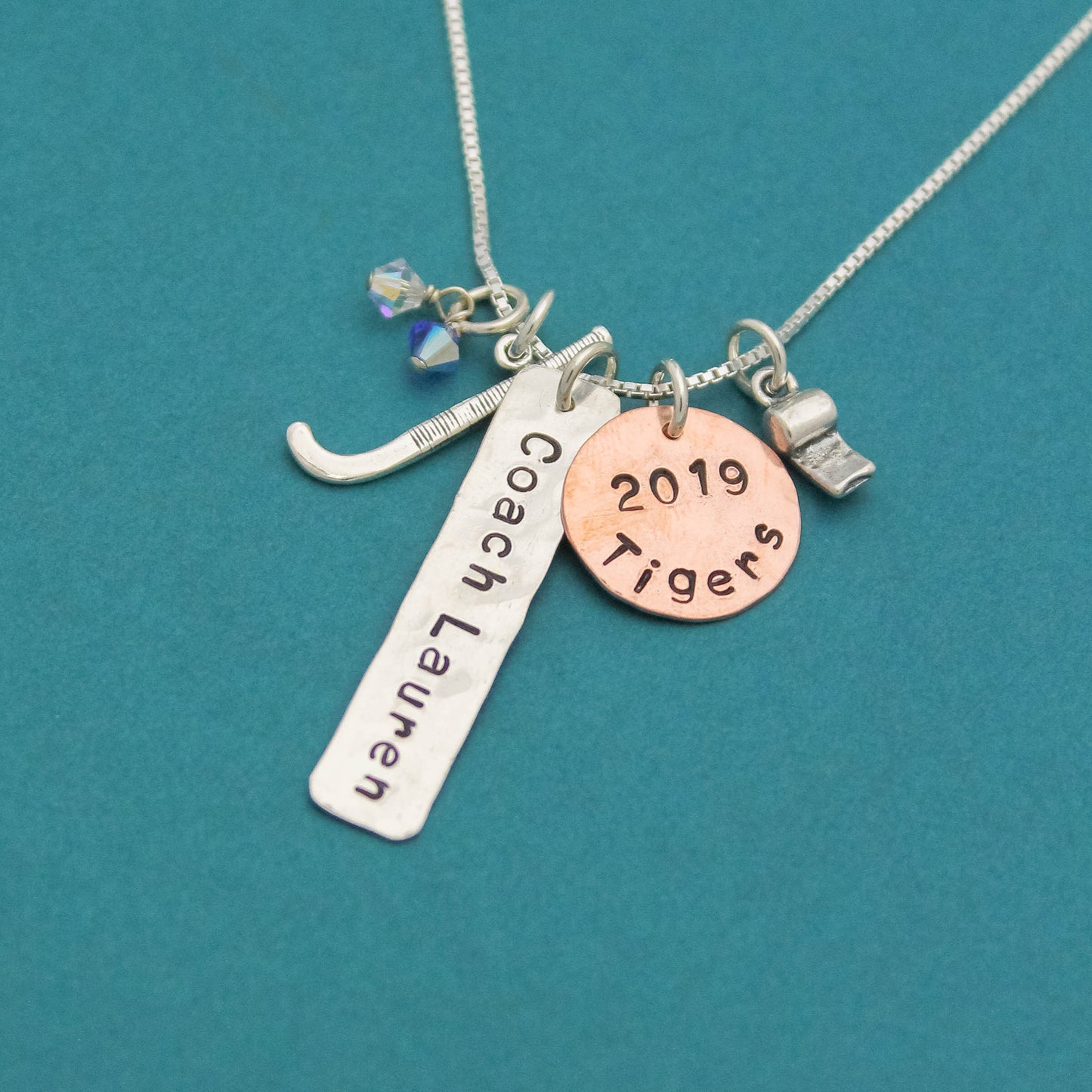 Coach Necklace Choice of Sport Sterling Silver and Copper Customized Hand Stamped Jewelry