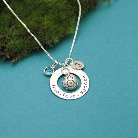 Soccer Charm Necklace Copper Washer and Sterling Silver Personalized Hand Stamped Necklace