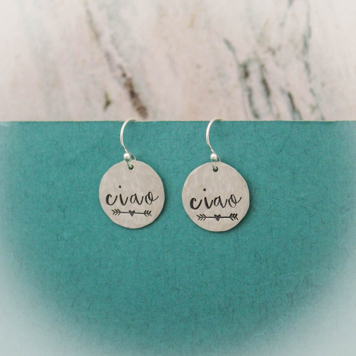 Ciao Italian Earrings in Sterling Silver, Unique Hand Stamped Jewelry, Hand Stamped Earrings, Gifts for Her, Fun Hello Hi Italian Jewelry
