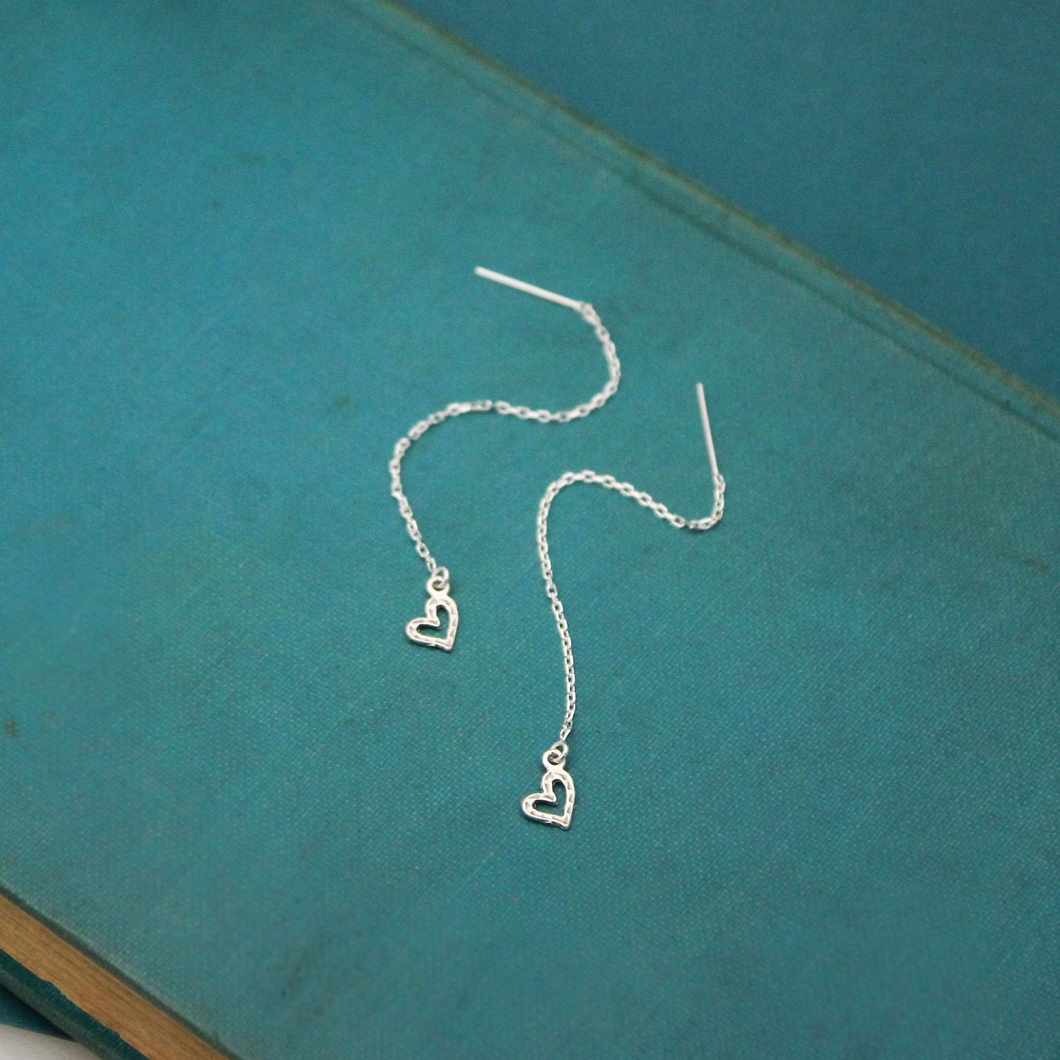 Cute Heart Threader Earrings, Sterling Silver Heart Earrings, Valentine's Day Gift, Heart Jewelry, Gifts for Her, Dainty Silver Earrings