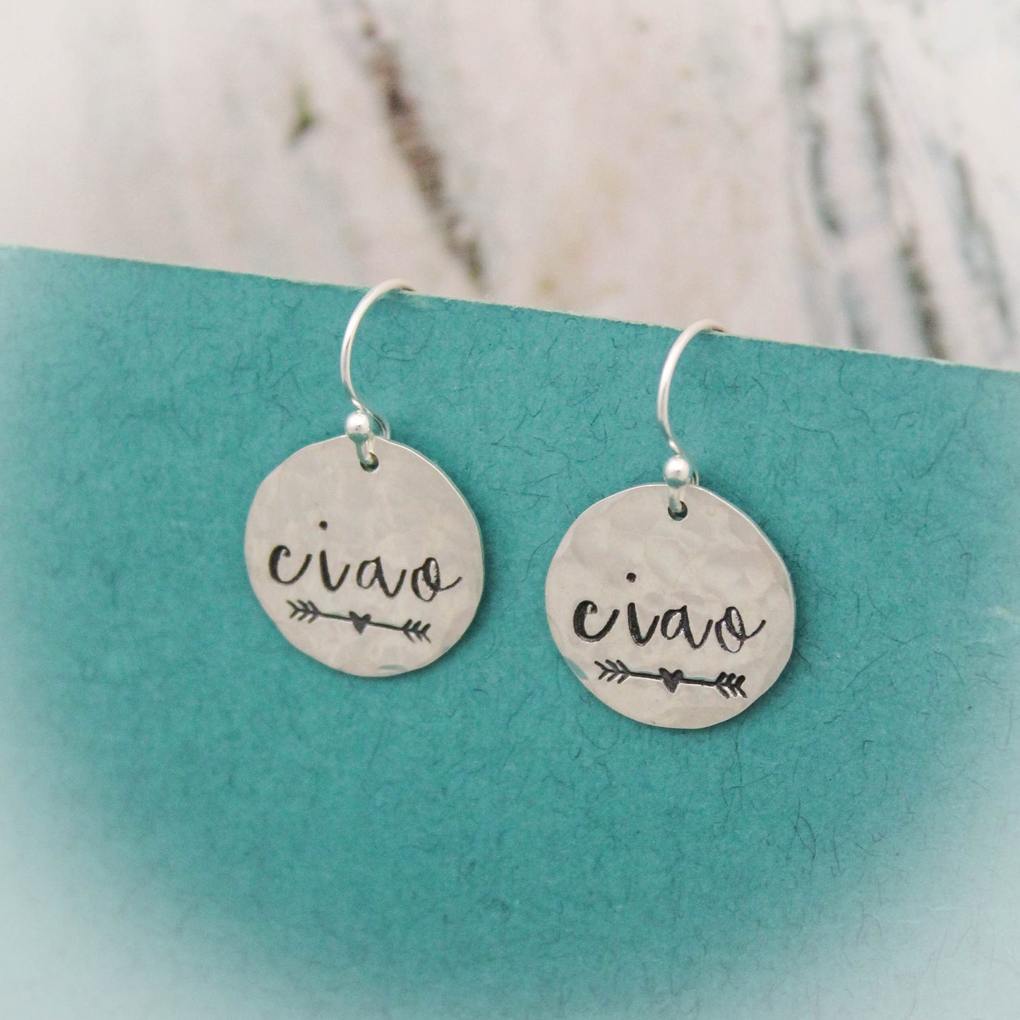 Ciao Italian Earrings in Sterling Silver, Unique Hand Stamped Jewelry, Hand Stamped Earrings, Gifts for Her, Fun Hello Hi Italian Jewelry