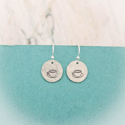 Coffee Latte Sterling Silver Earrings, Latte Jewelry, Hand Stamped Personalized Earrings, Coffee Jewelry, Cappuccino Jewelry, Gift for Her