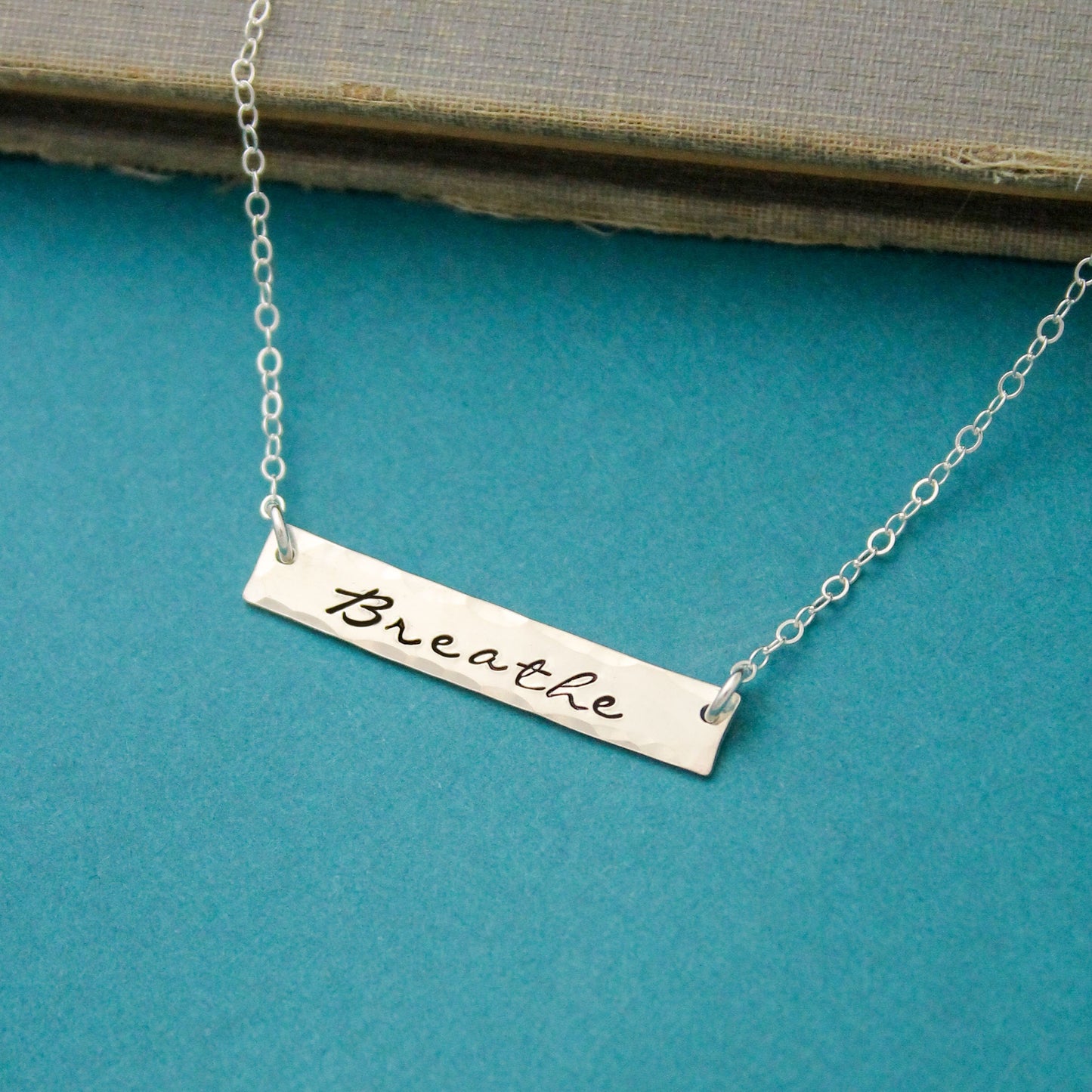 Sterling Silver Breathe Bar Necklace, Just Breathe Necklace, Personalized Bar Necklace, Silver Bar Necklace, Unique Hand Stamped Jewelry