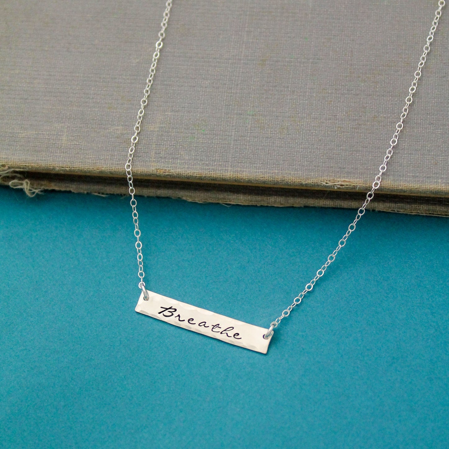 Sterling Silver Breathe Bar Necklace, Just Breathe Necklace, Personalized Bar Necklace, Silver Bar Necklace, Unique Hand Stamped Jewelry