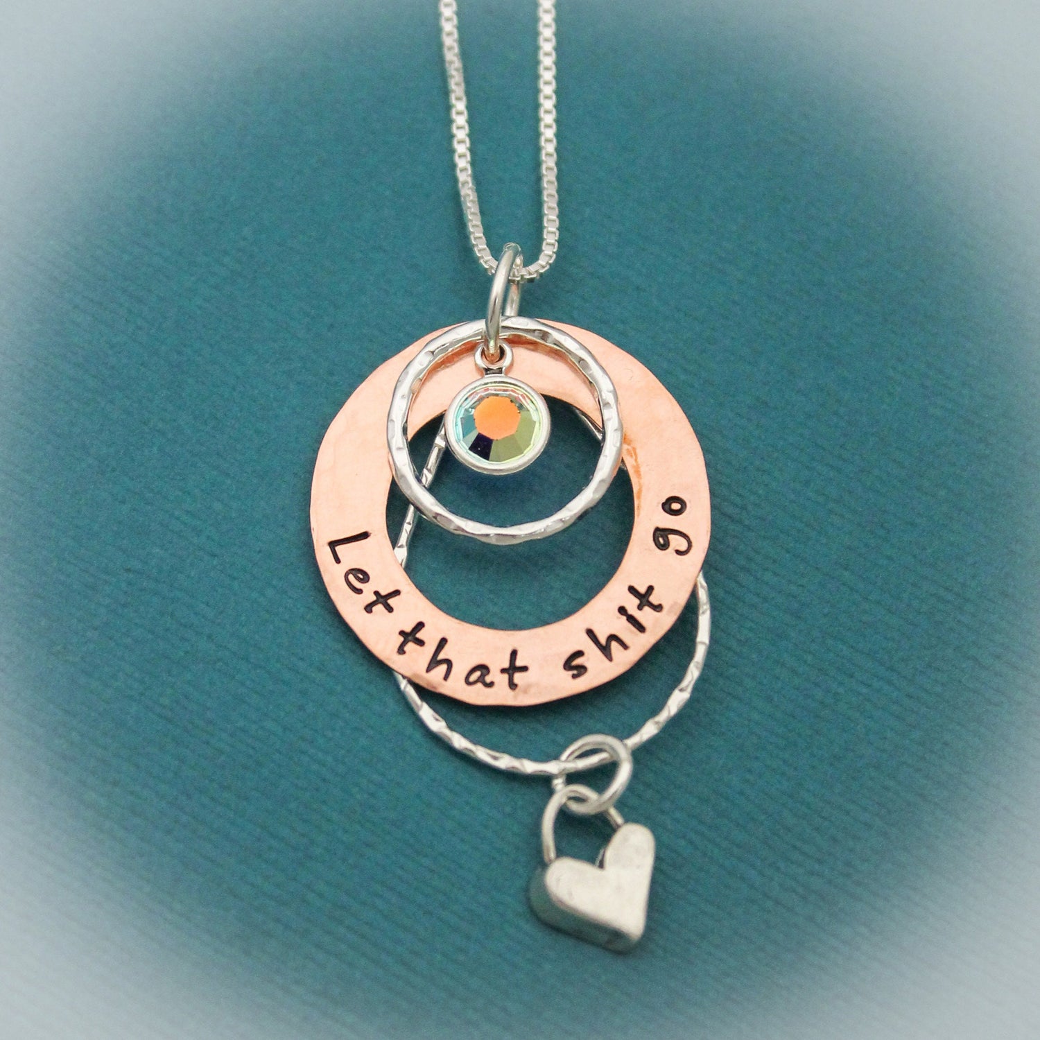 Let That Shit Go Necklace, Heart Washer Necklace, Layered Necklace, Copper & Sterling Silver Washer Necklace, Hand Stamped Let That Shit Go