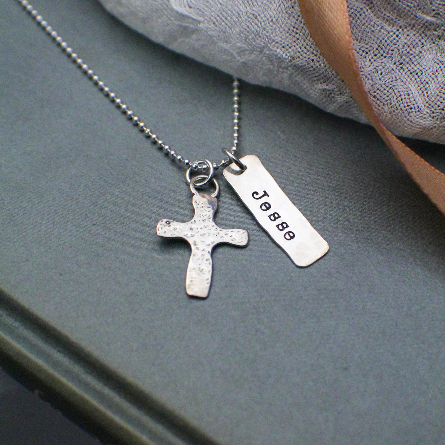 Personalized Boys Cross Necklace, Boys Confirmation or First Communion Gift, Hammered Silver Cross with Name Necklace for Boys, Hand Stamped