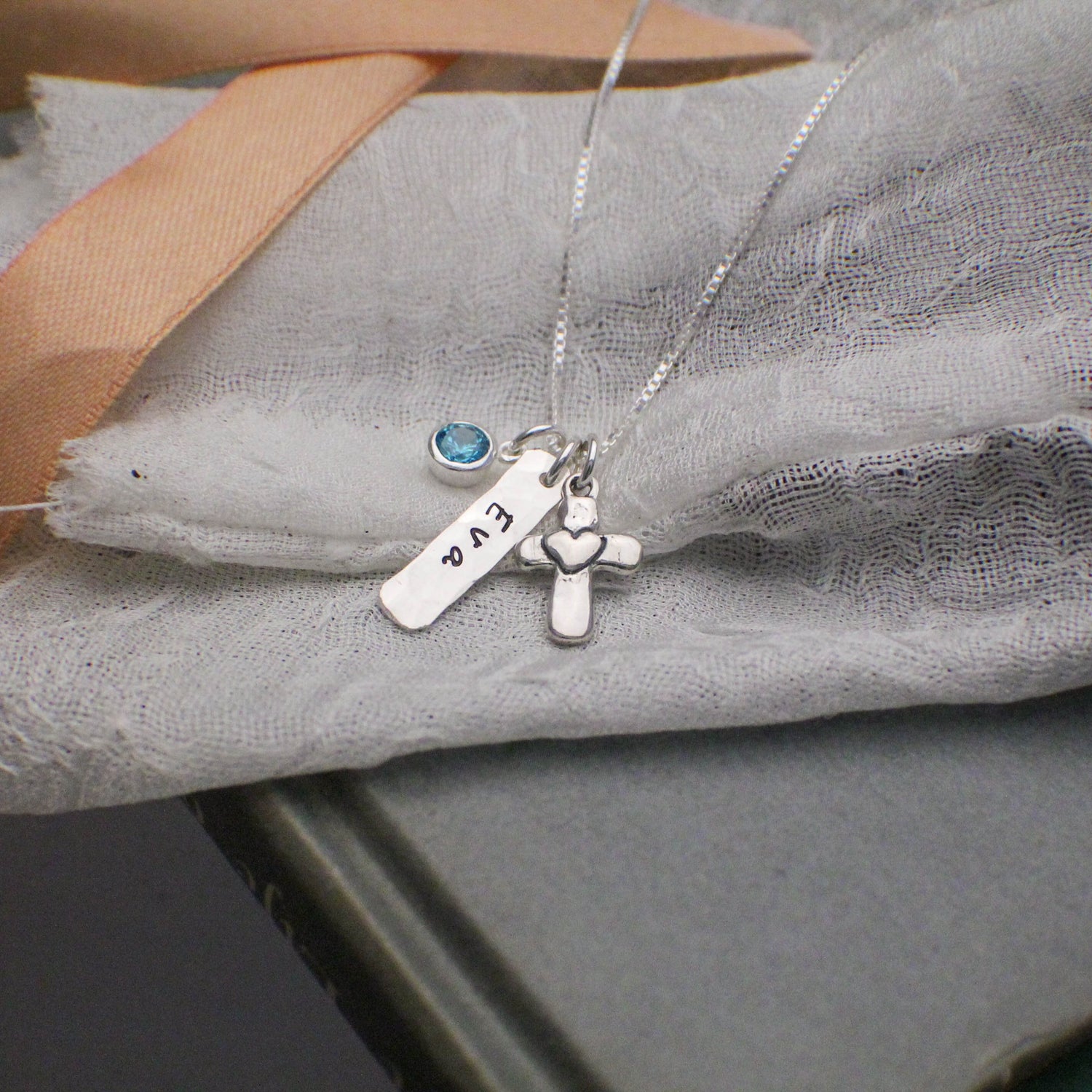 Heart Cross Charm Necklace in Silver, Confirmation Cross Necklace, First Communion Cross Necklace, Personalized Jewelry