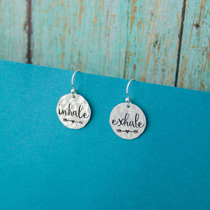 Inhale Exhale Earrings in Sterling Silver, Breathe Earrings, Inspirational Yoga Jewelry, Gifts for Her, Boho Yoga Jewelry, Mantra Jewelry