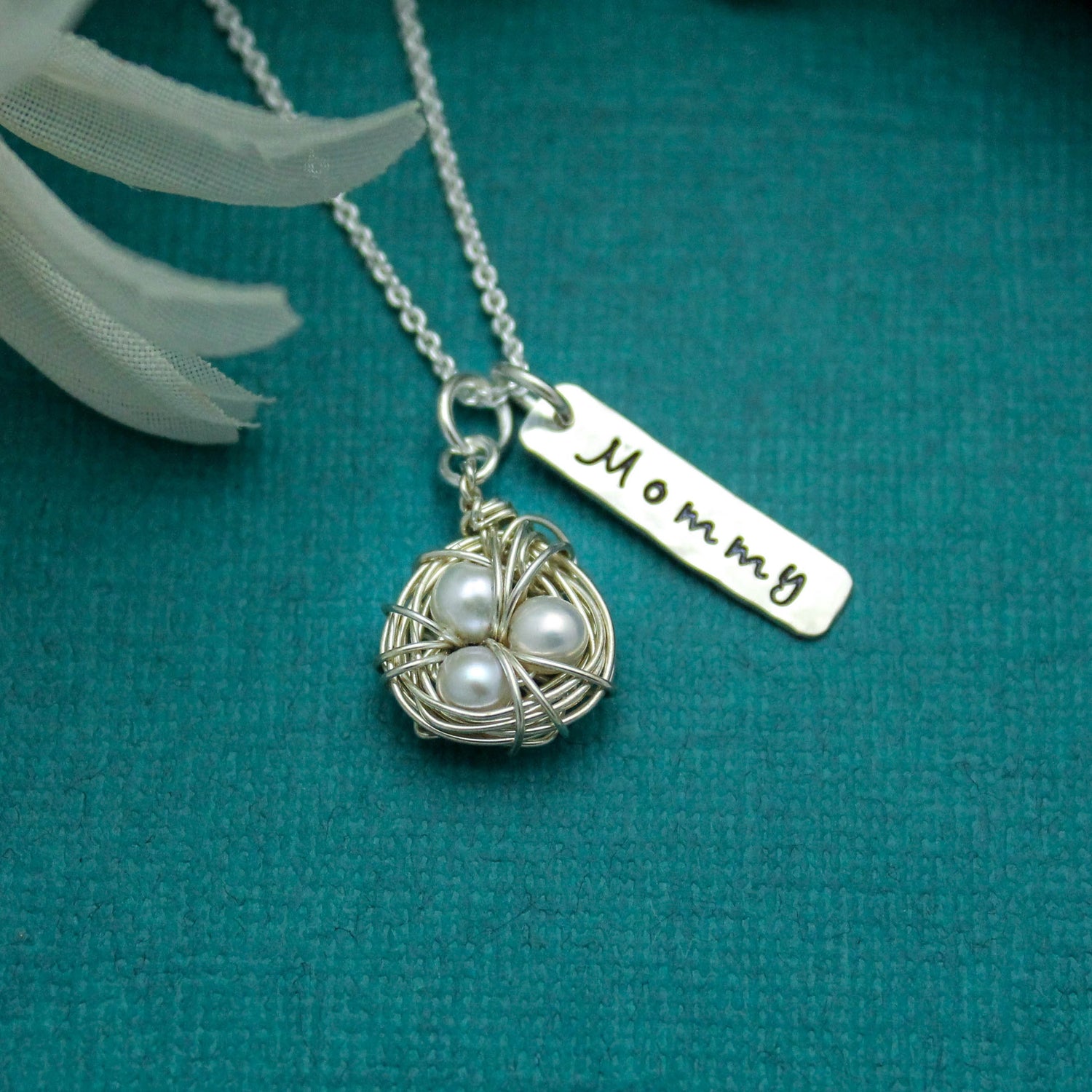 Bird's Nest Mother Necklace in Sterling Silver, Mother Necklace, Bird Nest Pearl Charm, Mother's Day Jewelry, Hand Stamped Personalized Mom