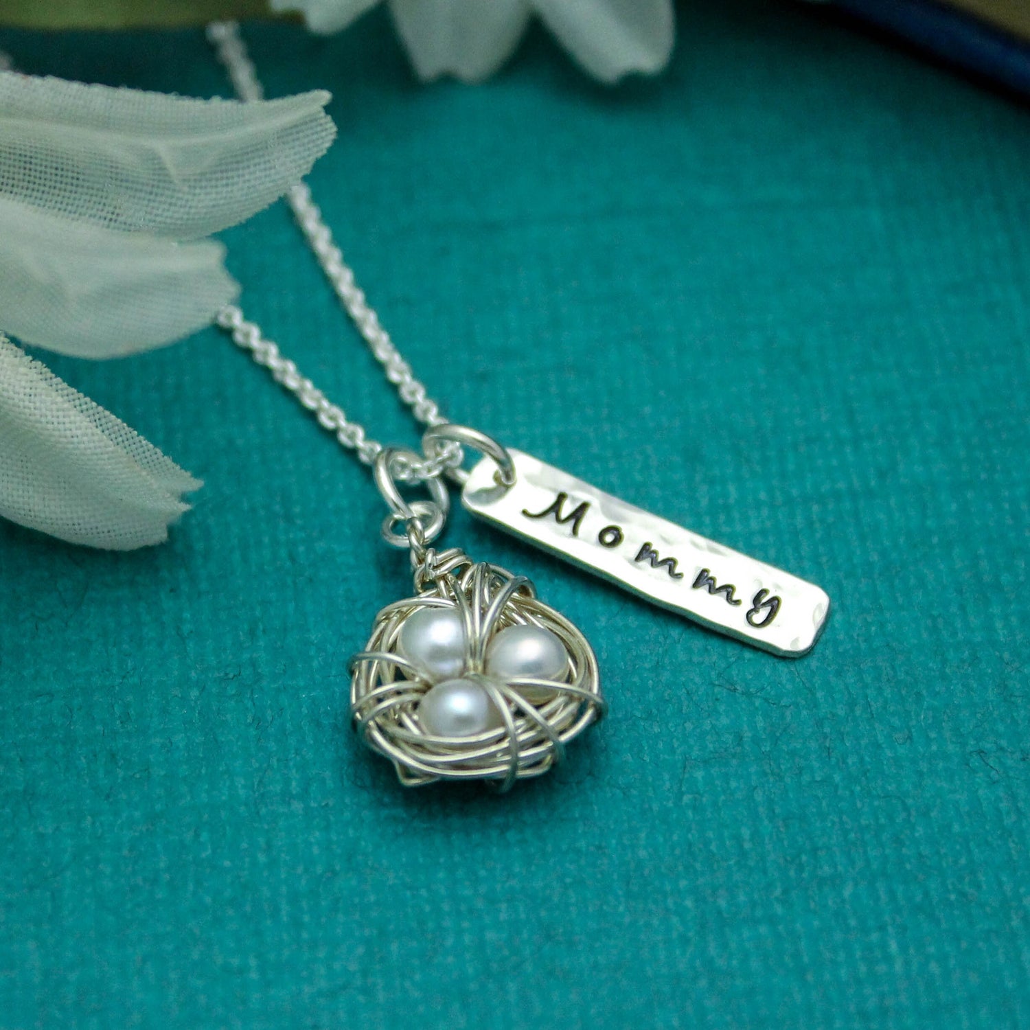 Bird's Nest Mother Necklace in Sterling Silver, Mother Necklace, Bird Nest Pearl Charm, Mother's Day Jewelry, Hand Stamped Personalized Mom