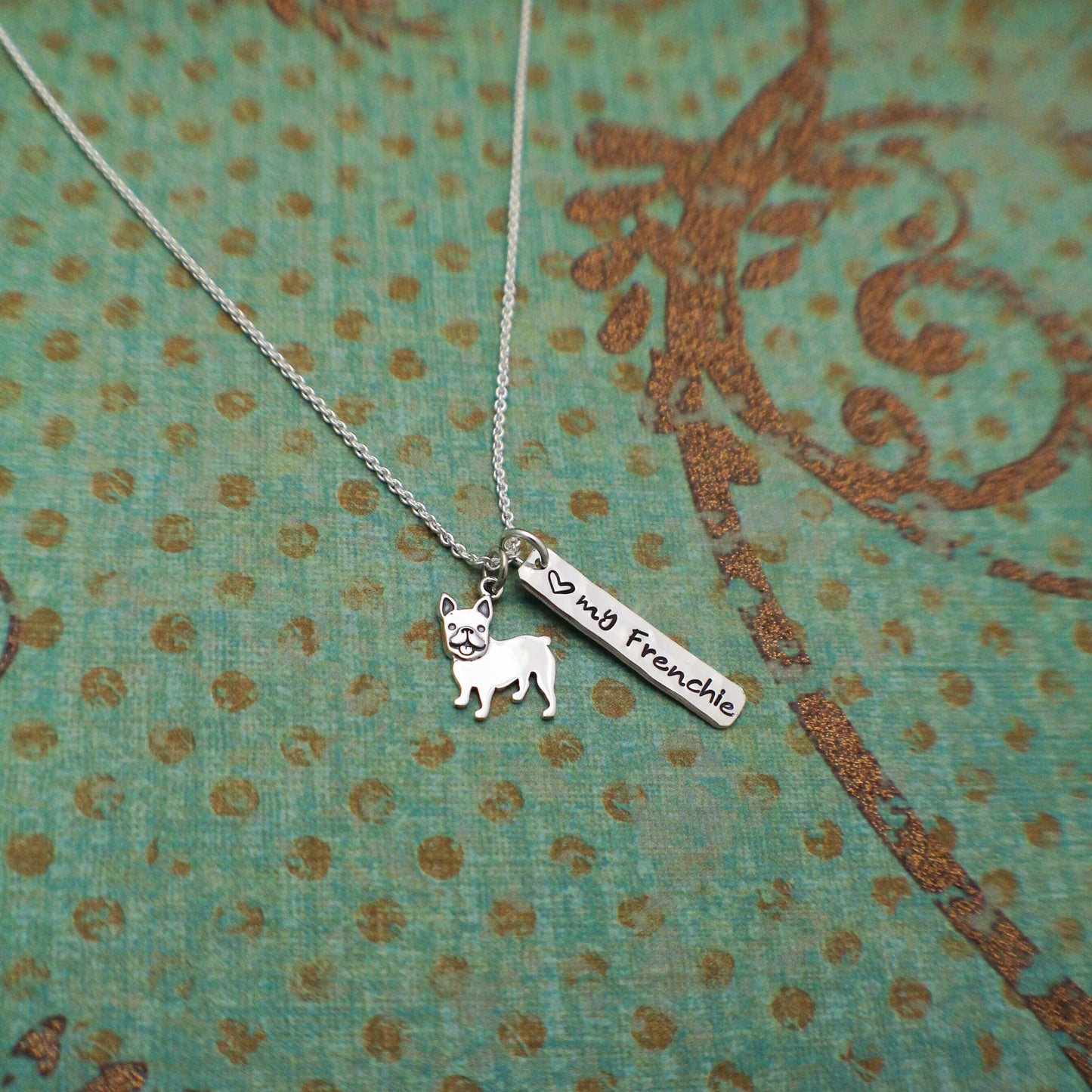LOVE my Frenchie Necklace, Sterling Silver French Bulldog Necklace, Frenchie Lover Gift, Frenchie Dog Jewelry, French Bulldog Gift for Her