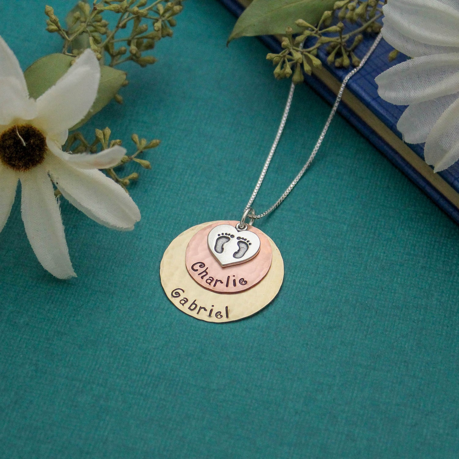 Sterling Silver Copper and Brass Disc Necklace Mommy Necklace Twins or Two (2) Children Hand Stamped Jewelry