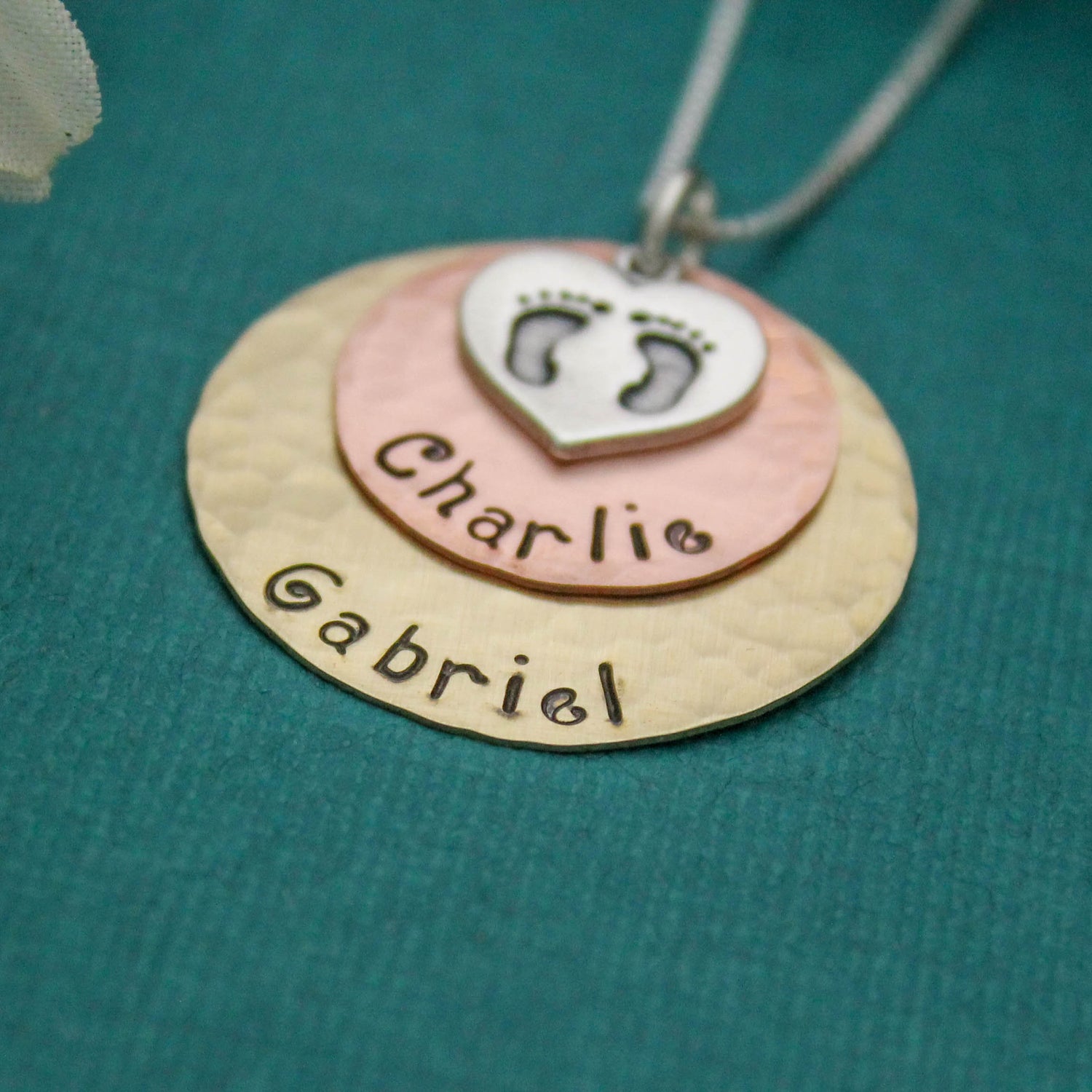 Sterling Silver Copper and Brass Disc Necklace Mommy Necklace Twins or Two (2) Children Hand Stamped Jewelry