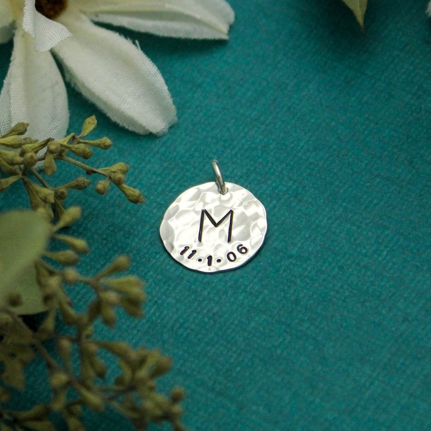 Mother or Grandmother Charm with Initial and Birthdate Sterling Silver Hand Stamped Personalized Gift