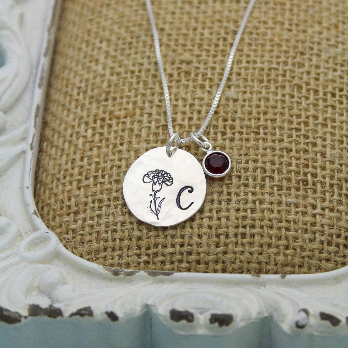 Birth Month Flower Necklace with Initial & Birthstone, Sterling Silver Birth Flower Necklace, Birthday Gift, Flower Birthstone Jewelry